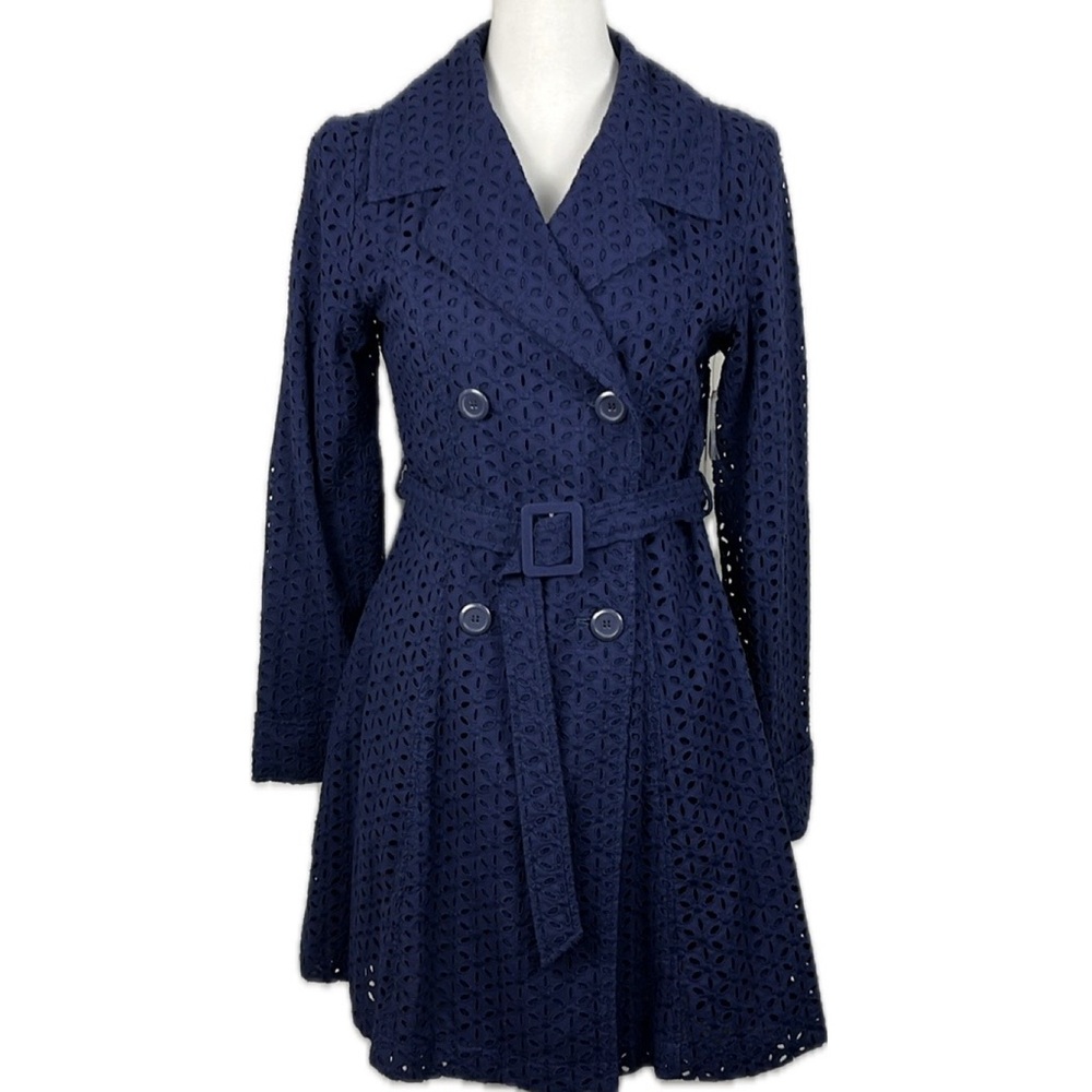 Population Blue Eyelet Lace Trench Coat Sz 8 Classic Staple Capsule Feminine